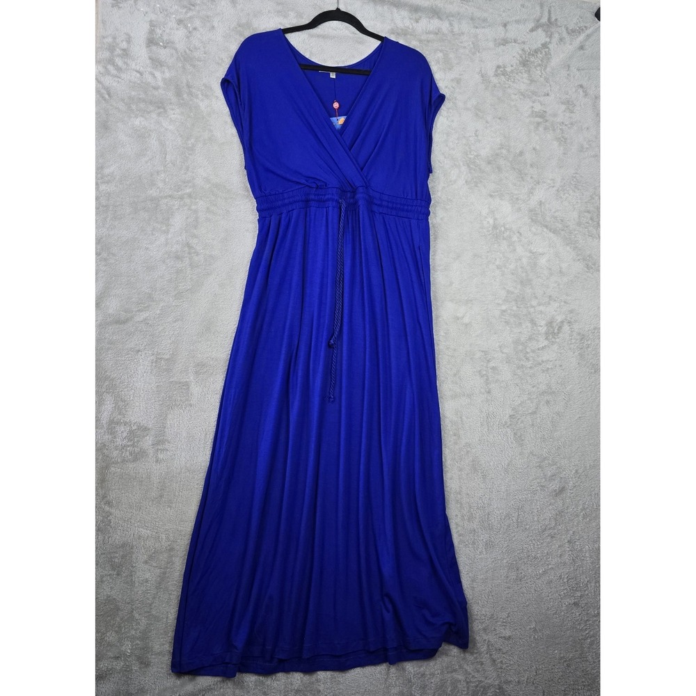 Milly Design Nation Dress Large Royal Blue V Neck Tie Waist Jersey Knit Maxi Poc